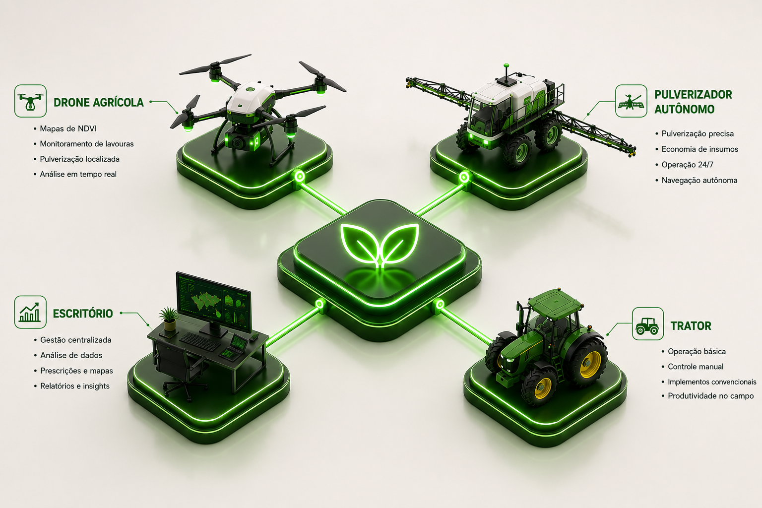 Ecossistema Cropcer trator, drone, pulverizador e gestão integrados
